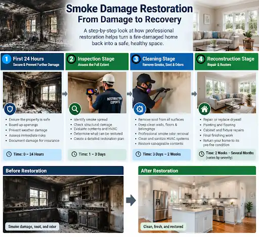 Professional smoke damage restoration team cleaning a fire-damaged home