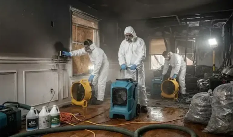 Smoke damage restoration process inside a fire-damaged house