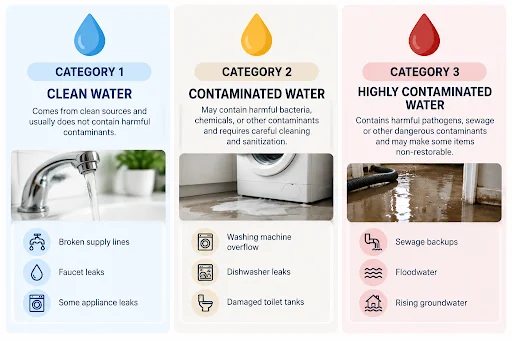 Water damage classification infographic detailing the three main categories of water damage.